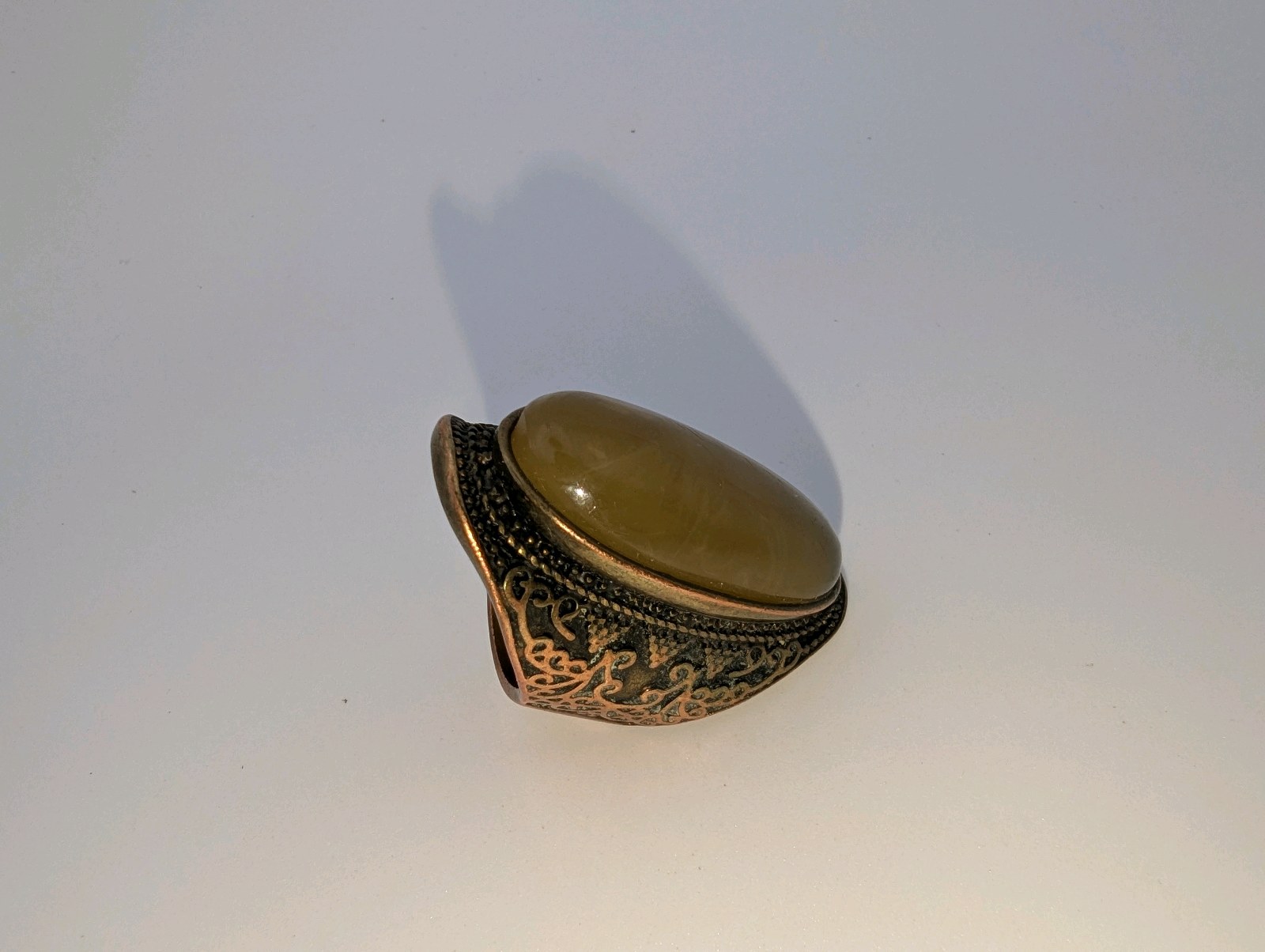 Vintage Oval Turkish Style Brass Ring, Yellowish Stone, Size 7