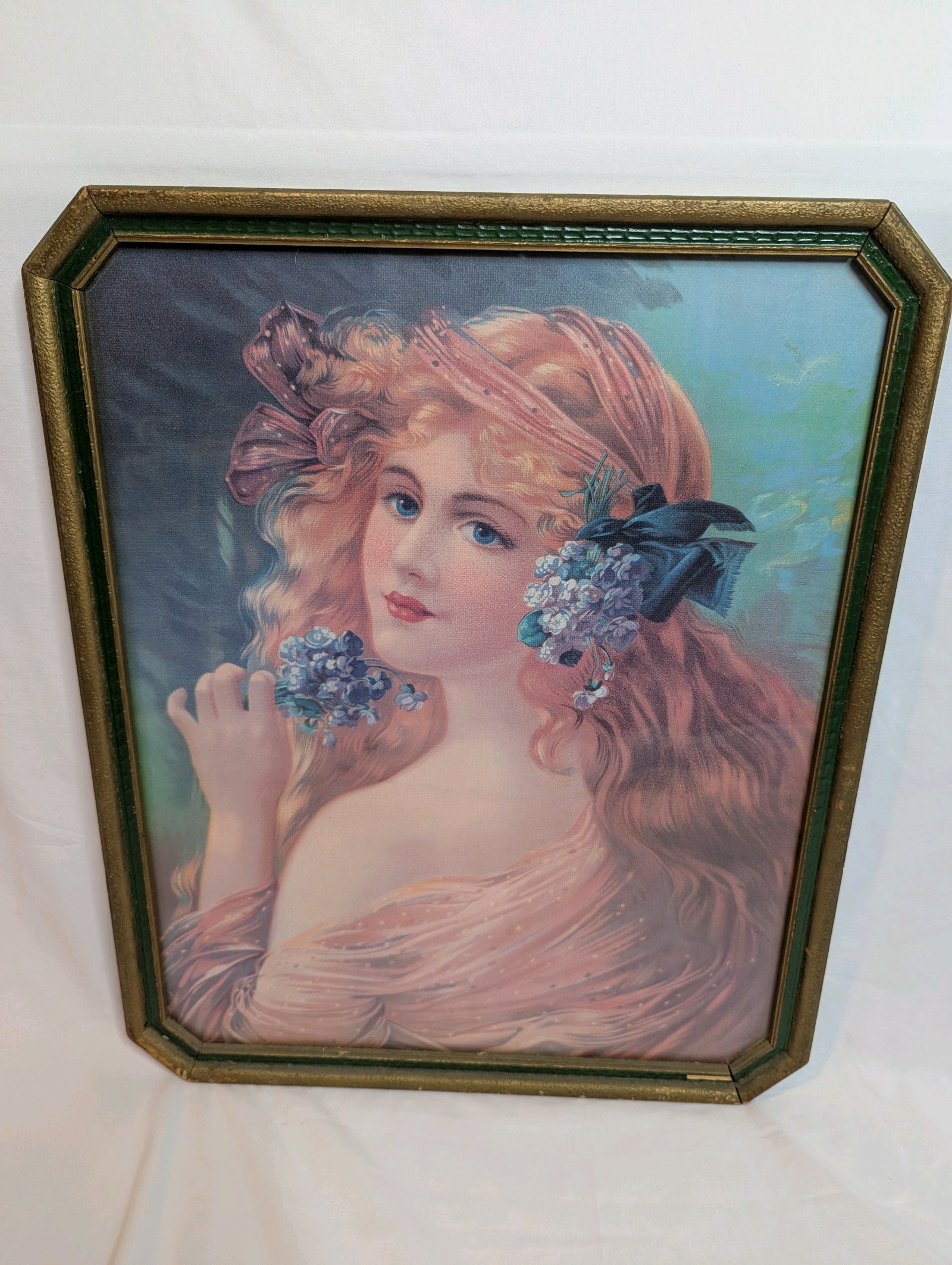 Vintage Victorian Lady Floral Print with Antique Green Frame