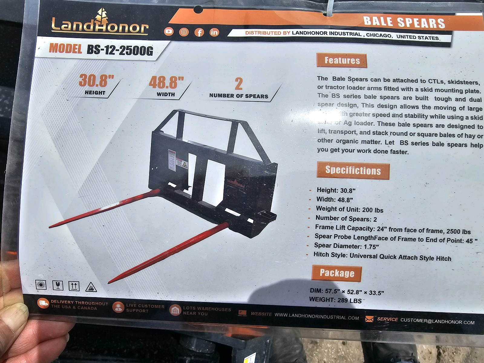Unused 2026 LandHonor Skid Steer Bale Spear BS-12-2500G CE