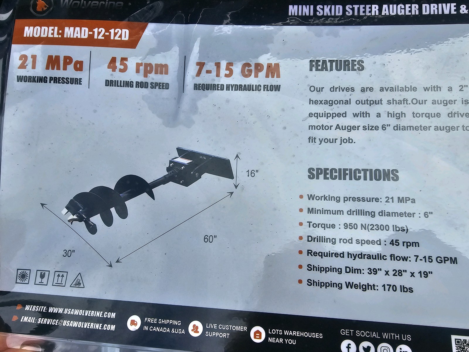 Unused 2026 WOLVERINE Mini Auger Drive & Bit MAD-12-12D CE