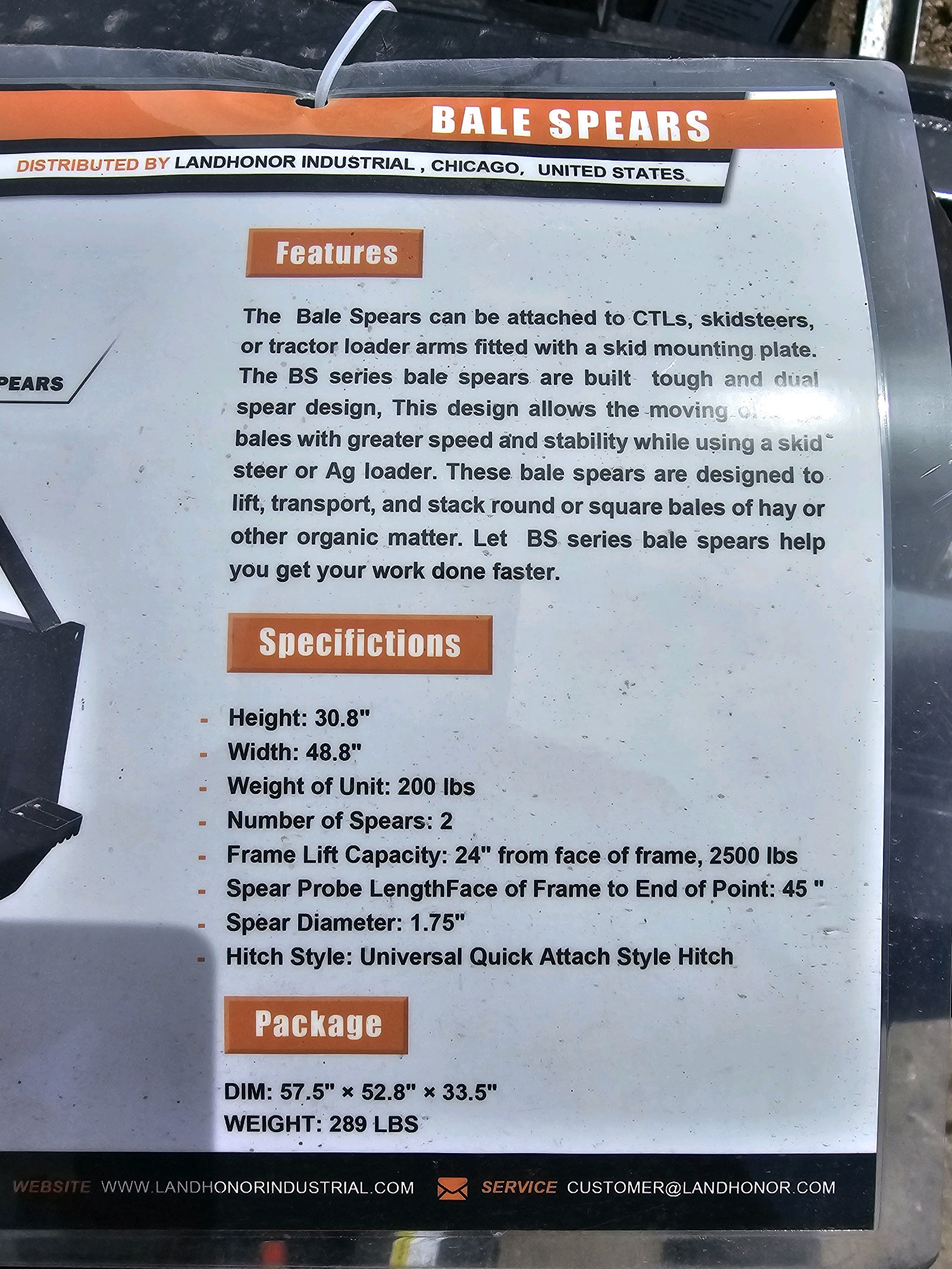 Unused 2026 LandHonor Skid Steer Bale Spear BS-12-2500G CE