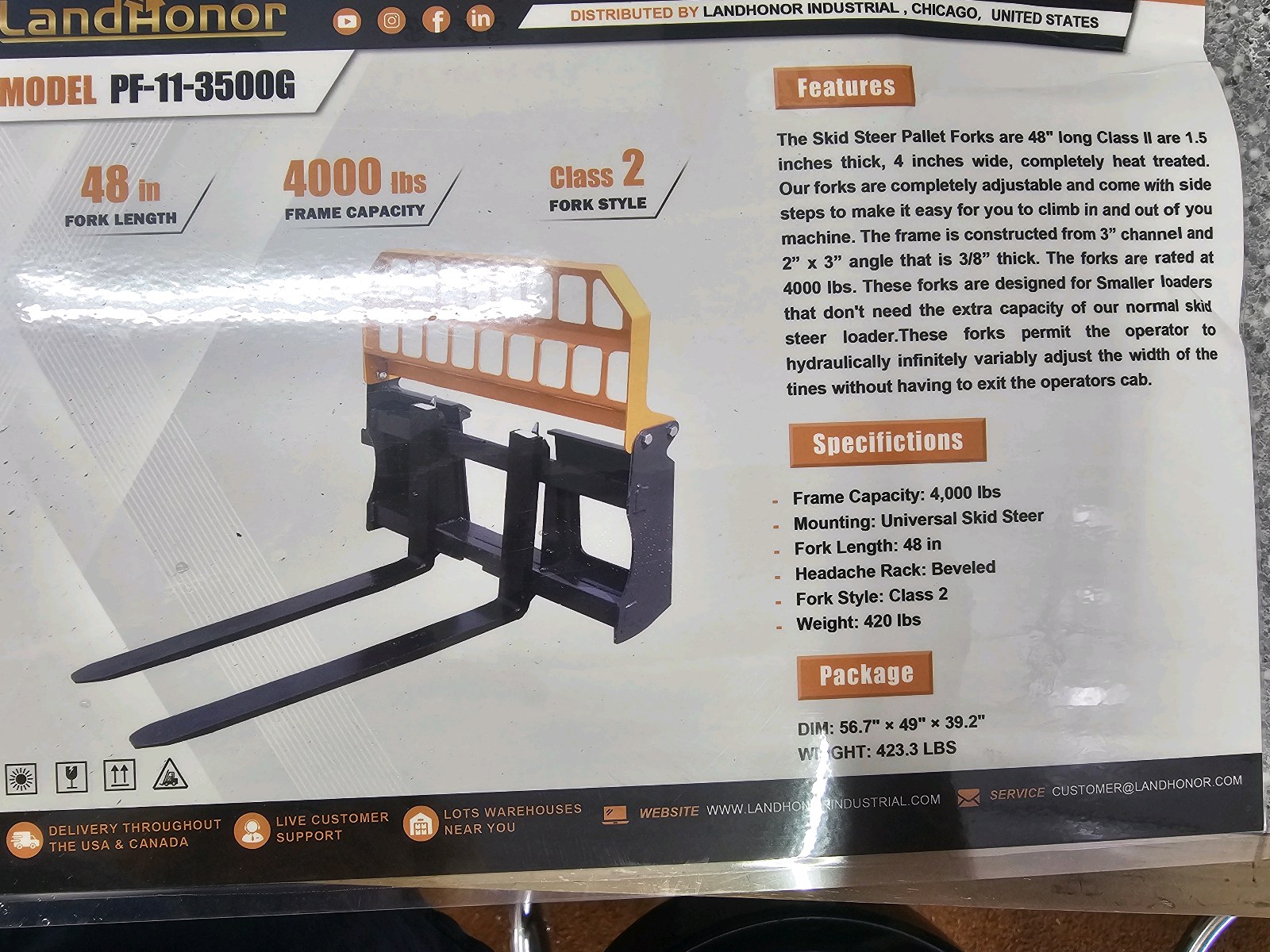 Unused 2026 LandHonor Pallet Fork PF-11-3500G CE