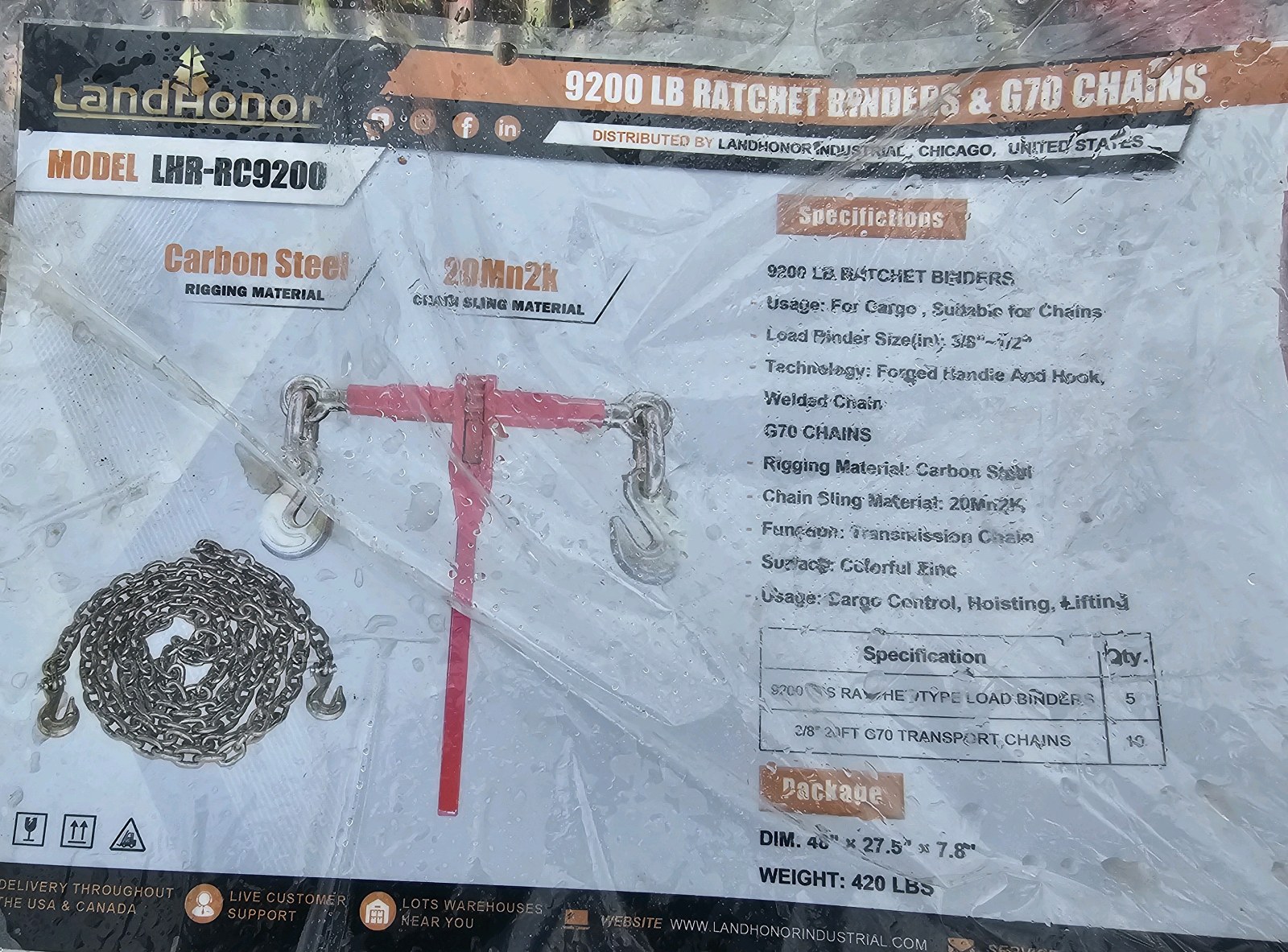 Unused  LandHonor 9200LB Ratchet Binders & 38 G70 Chains LHR-RC9200 CE