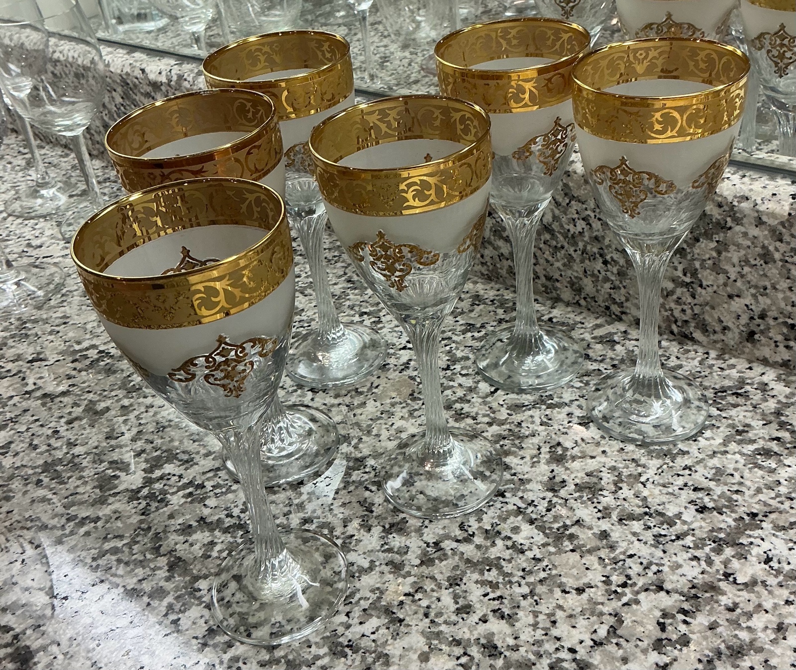 Gold frosted glass wine goblets (6)