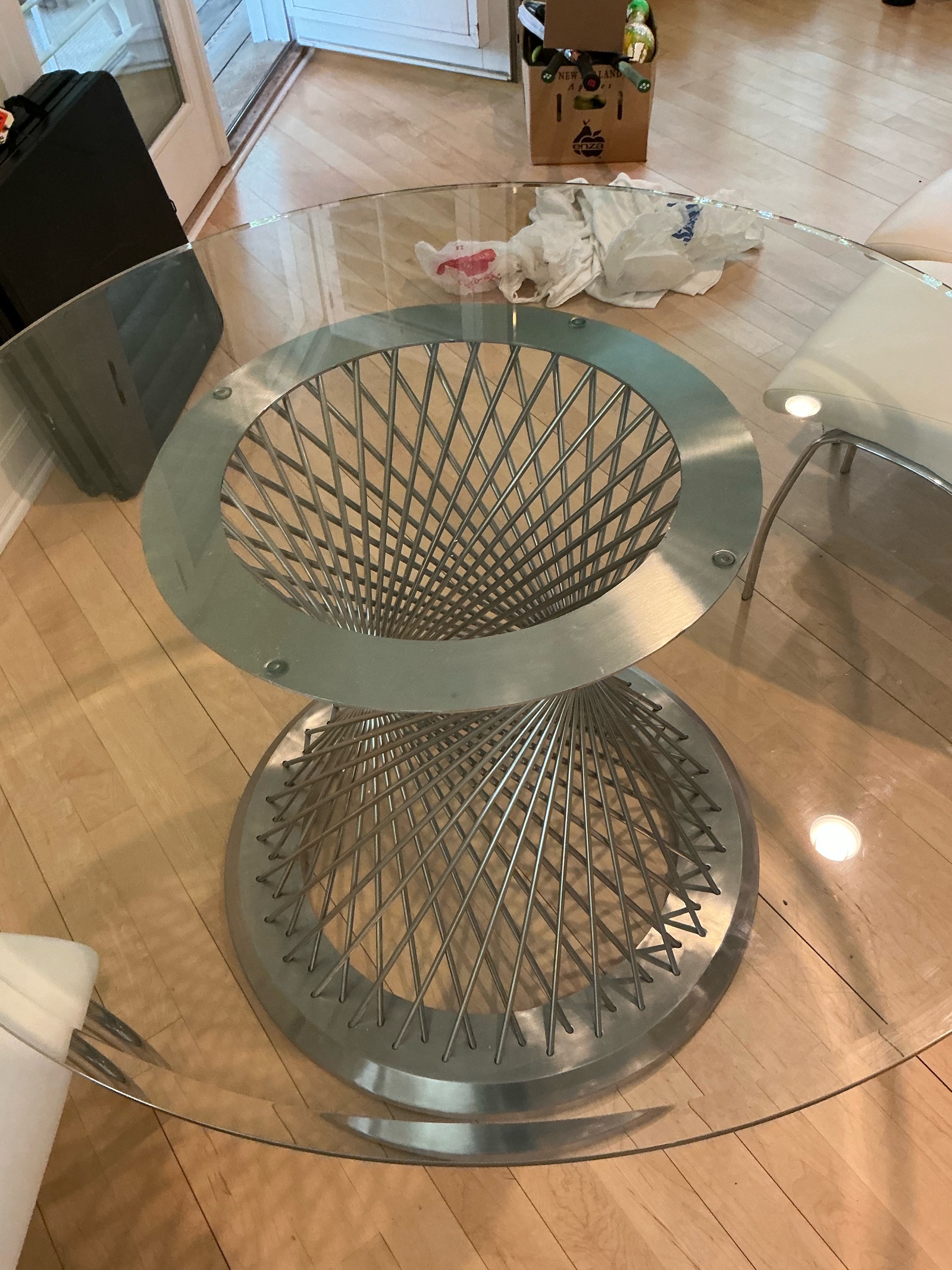 Armen living Calypso glass dining table, woven brushed stainless steel wire base