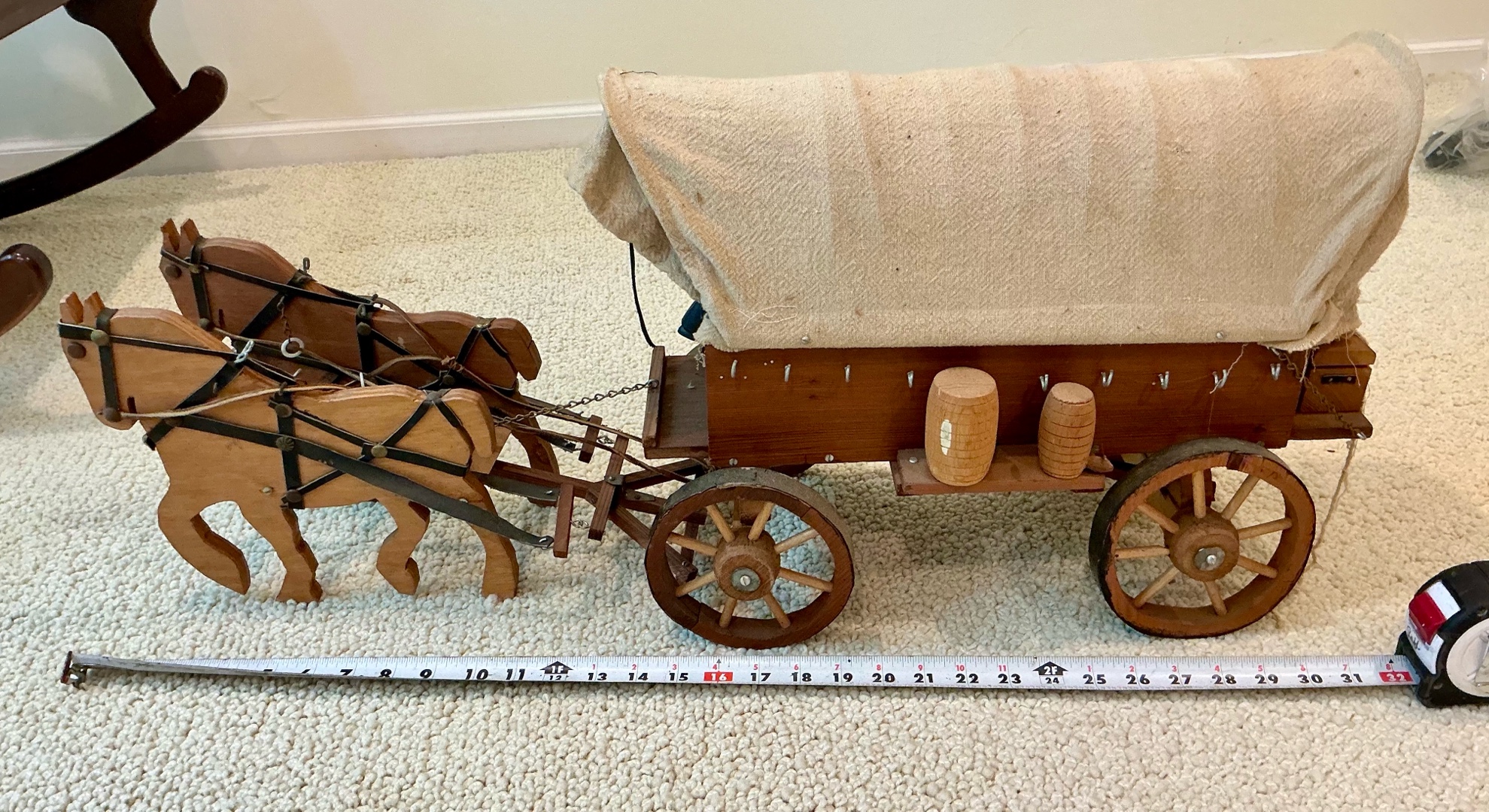 Vintage wooden covered wagon with canvas top, harness and 2 horses toy
