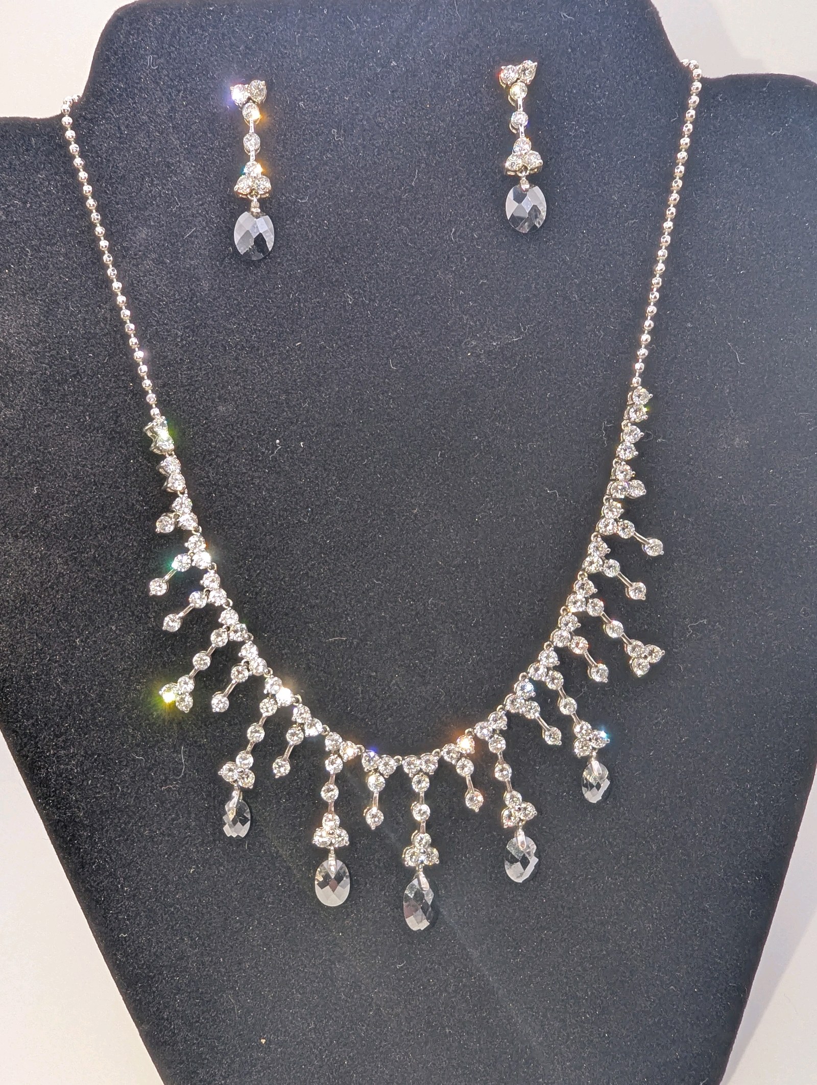 Black Iridescent Crystal, CZ Choker Necklace & Earring Set, cascading teardrop design