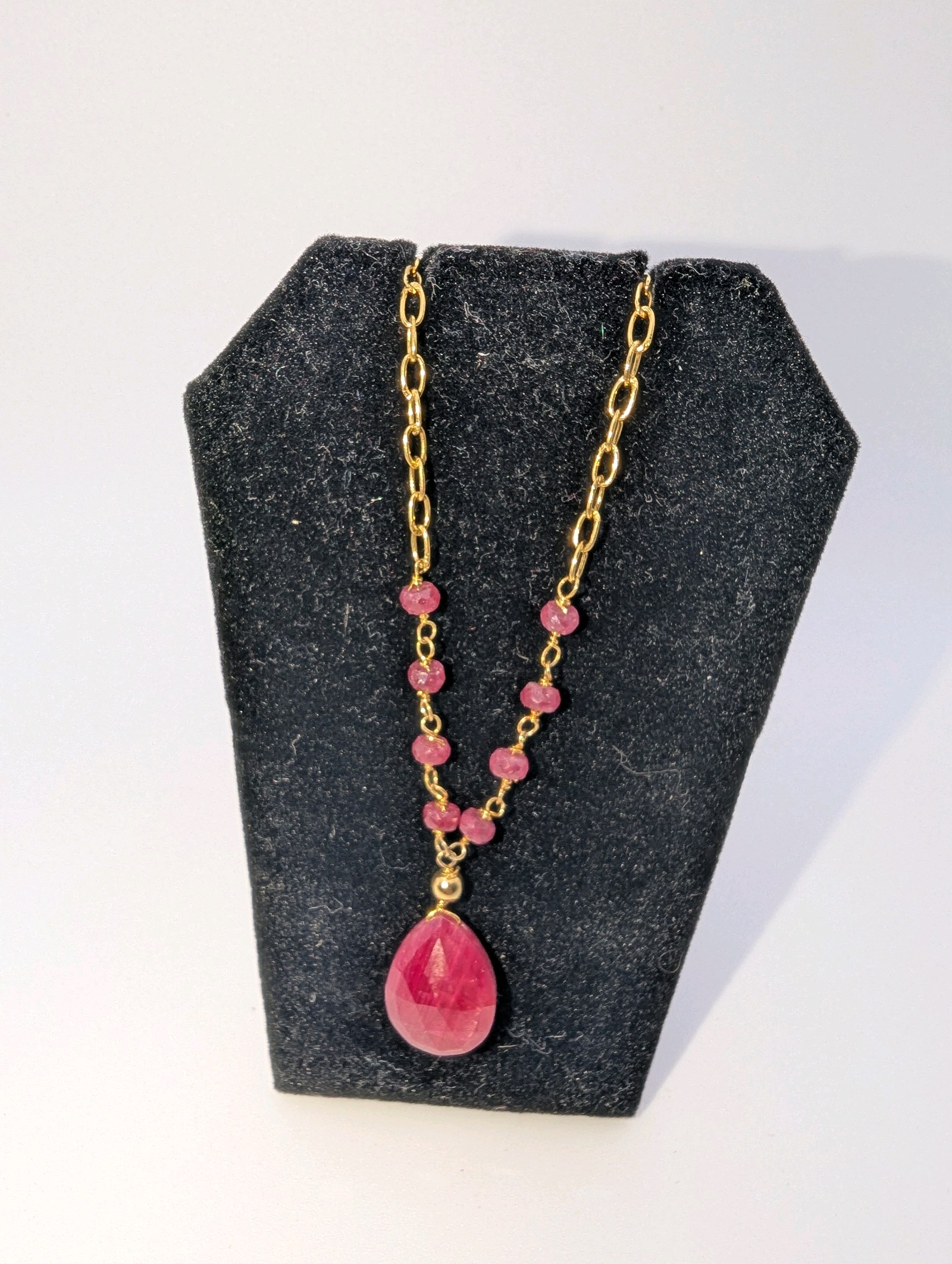 Ruby teardrop pendant necklace,gold-filled chain