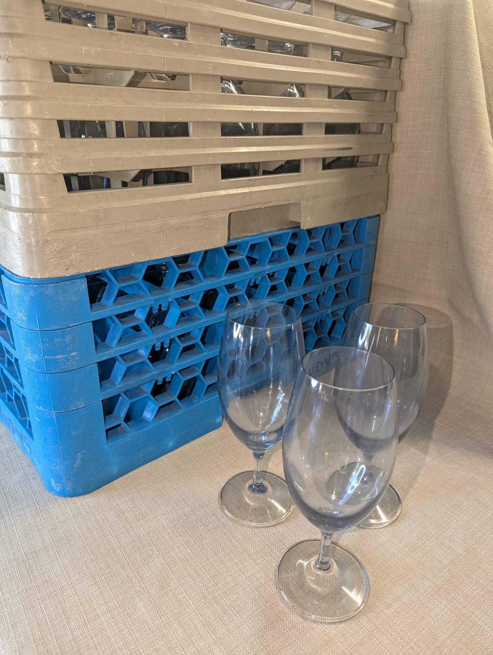 Lot#1 of 2 Crates Smokey blue gray crystal water goblets (32)