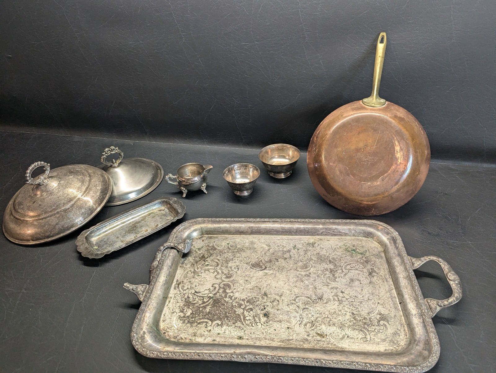 Vintage Silver-platedCopper Lot  Bowls, Tray, Lids