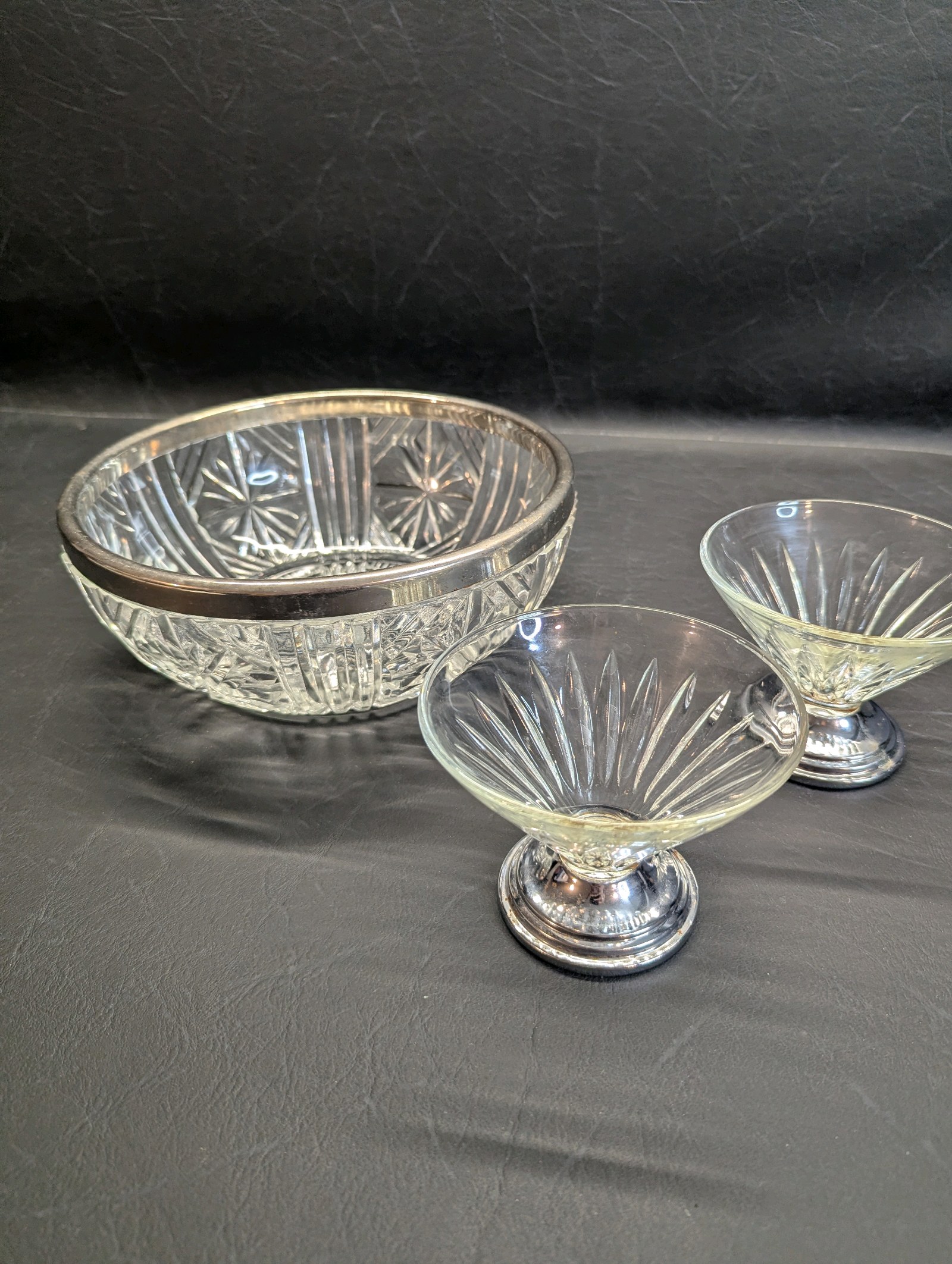Vintage Silver-plated Crystal Punch Bowl and (2) Sherbet Glasses