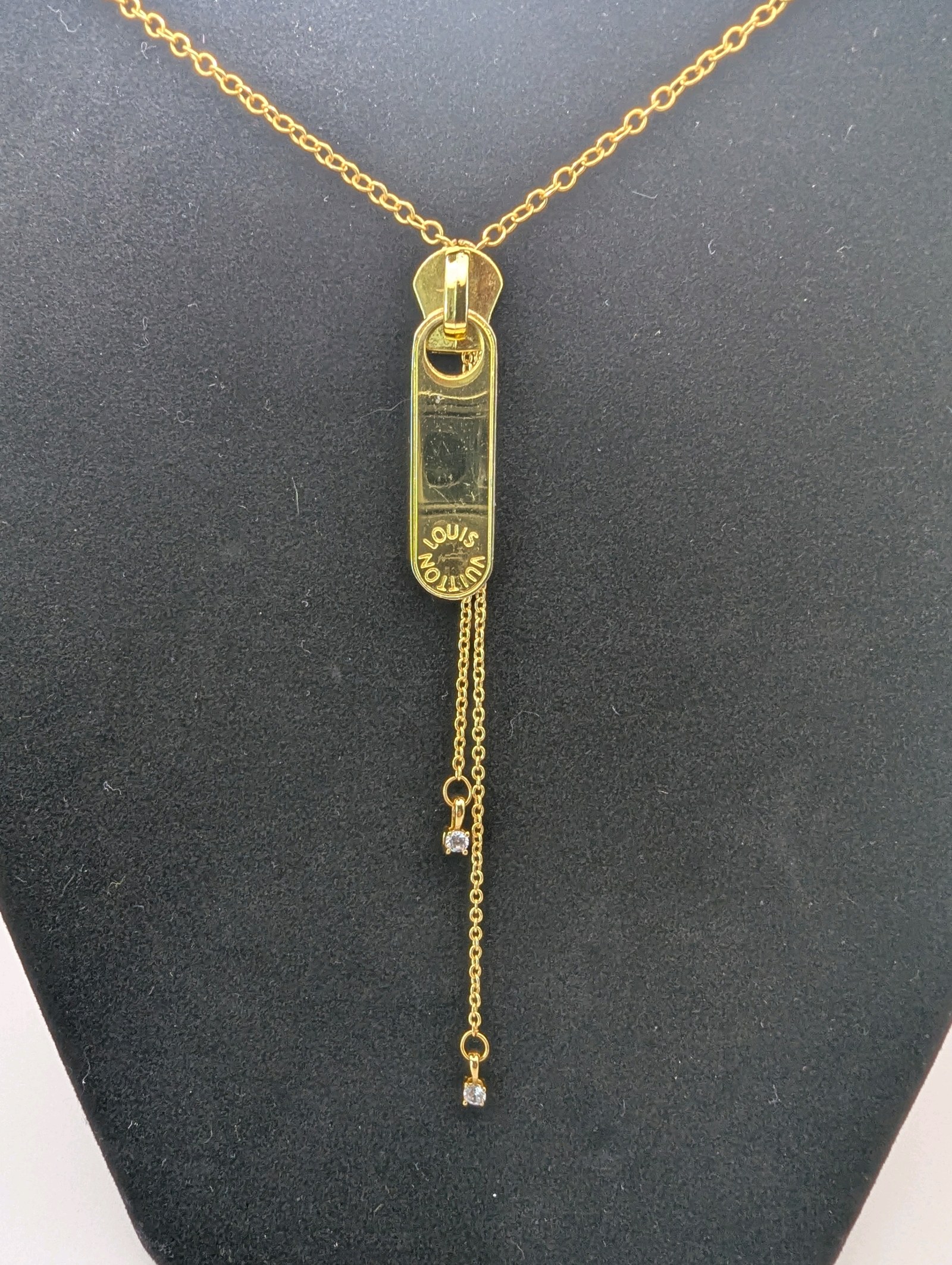 Louis Vuitton Zipper 14k Gold-plated chain CZ Necklace Repurposed  Adjustable