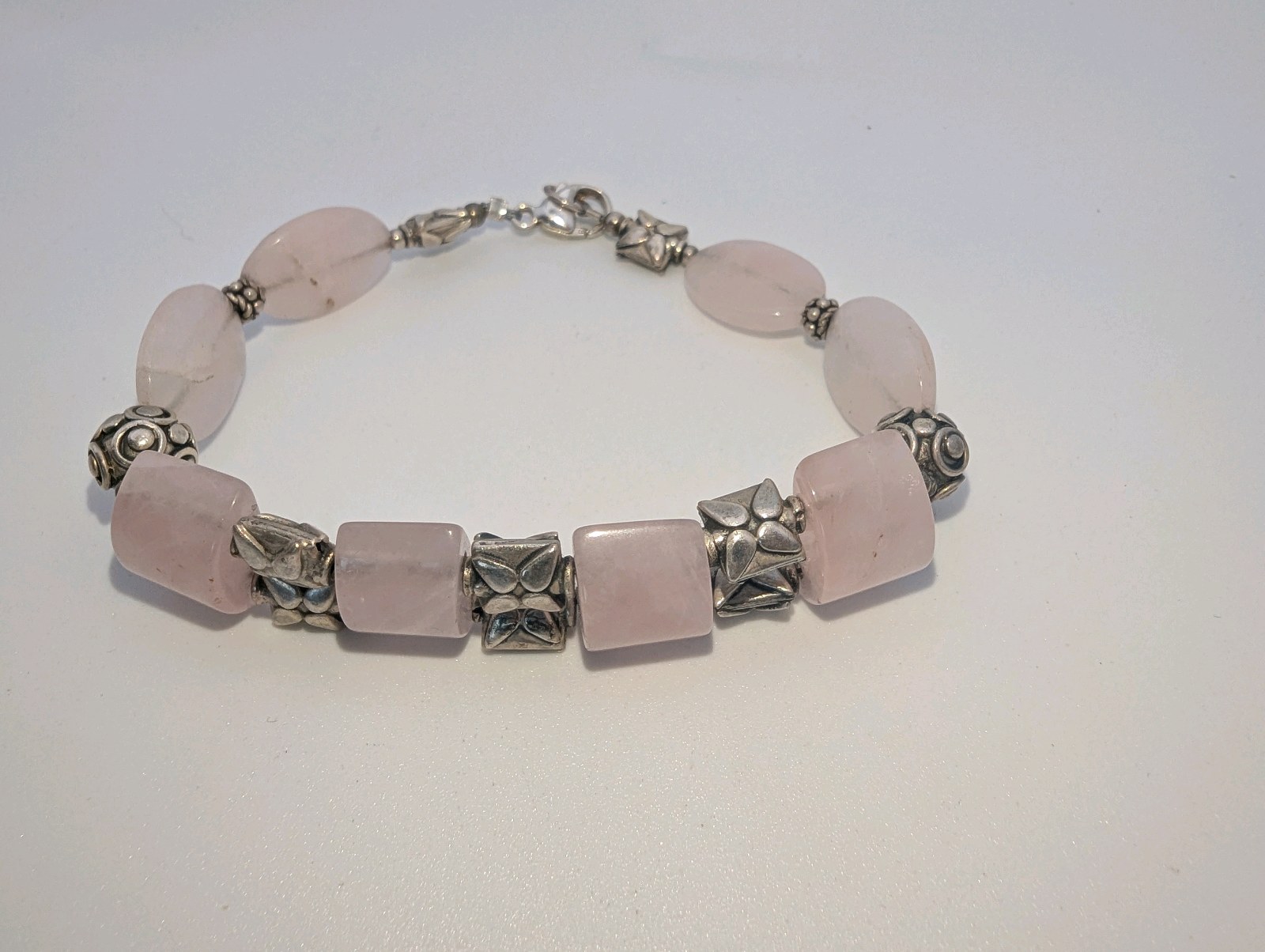 925 Bead Rose Quartz Bracelet, size 8