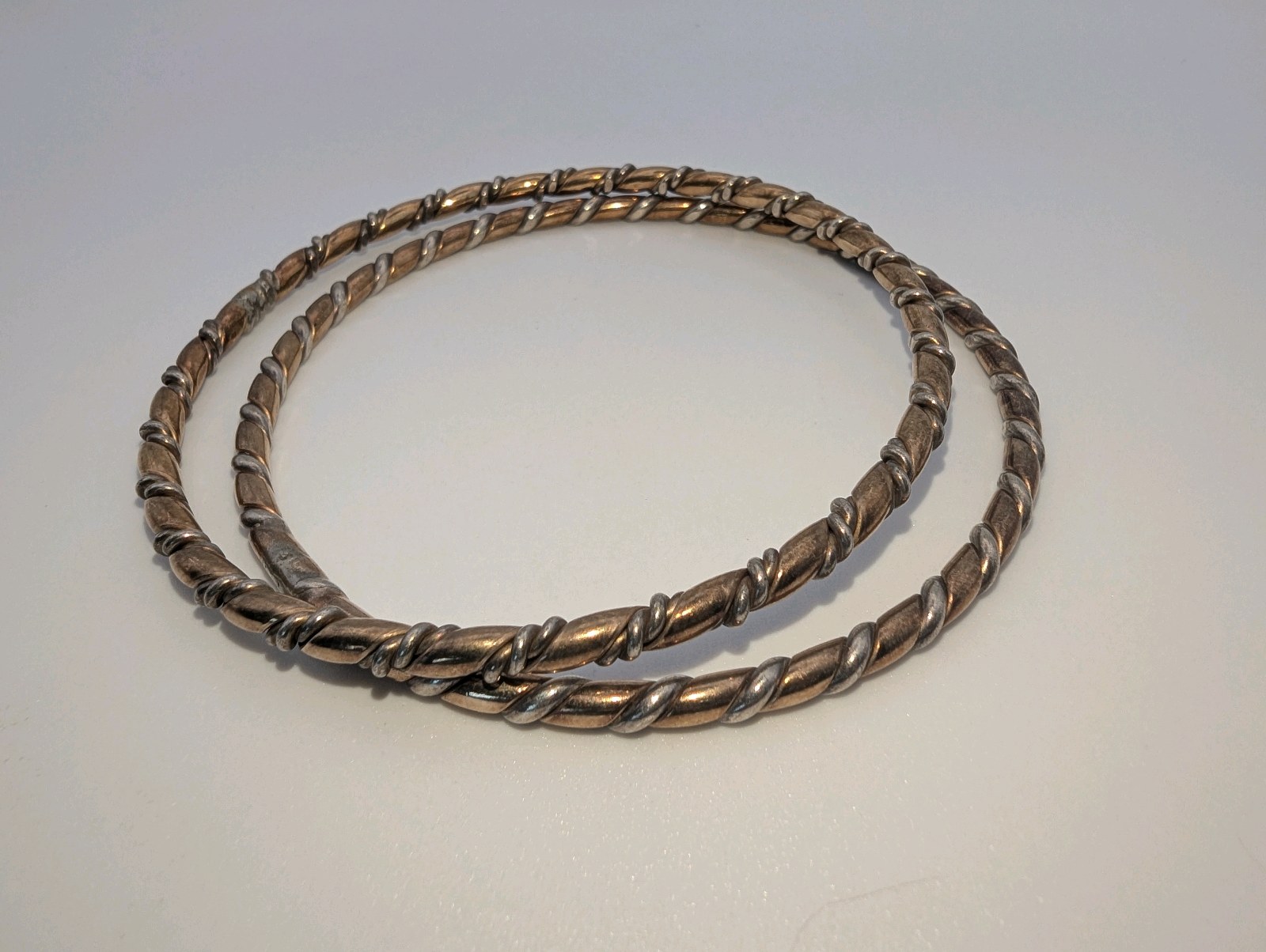 Vintage copper and silver twisted bangle bracelets, set of two, size 9