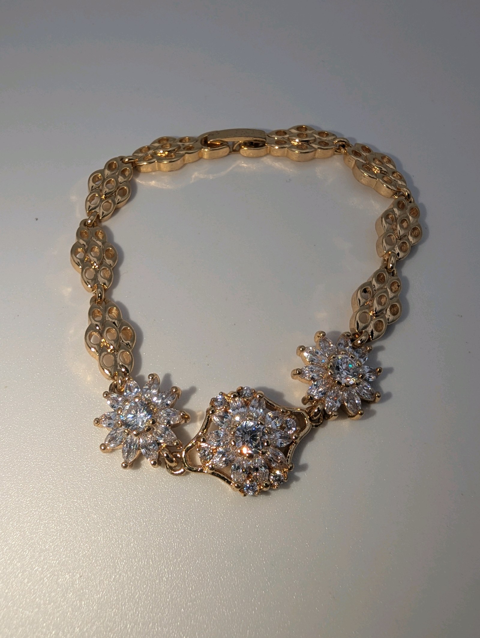 Gold Plated Floral Style CZ Bracelet, Size 7
