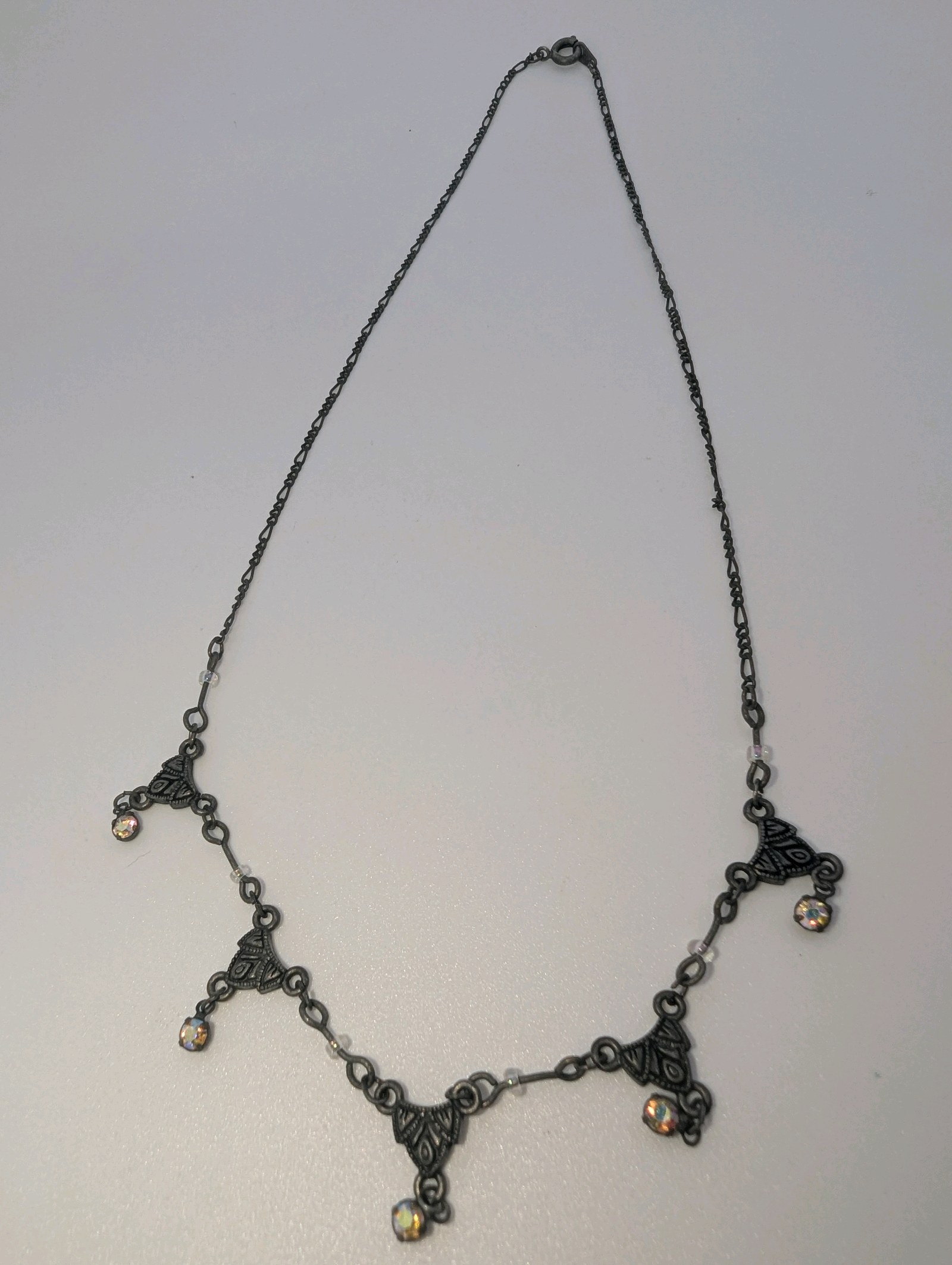 Vintage Filigree Iridescent Crystal Dangle Necklace, 16
