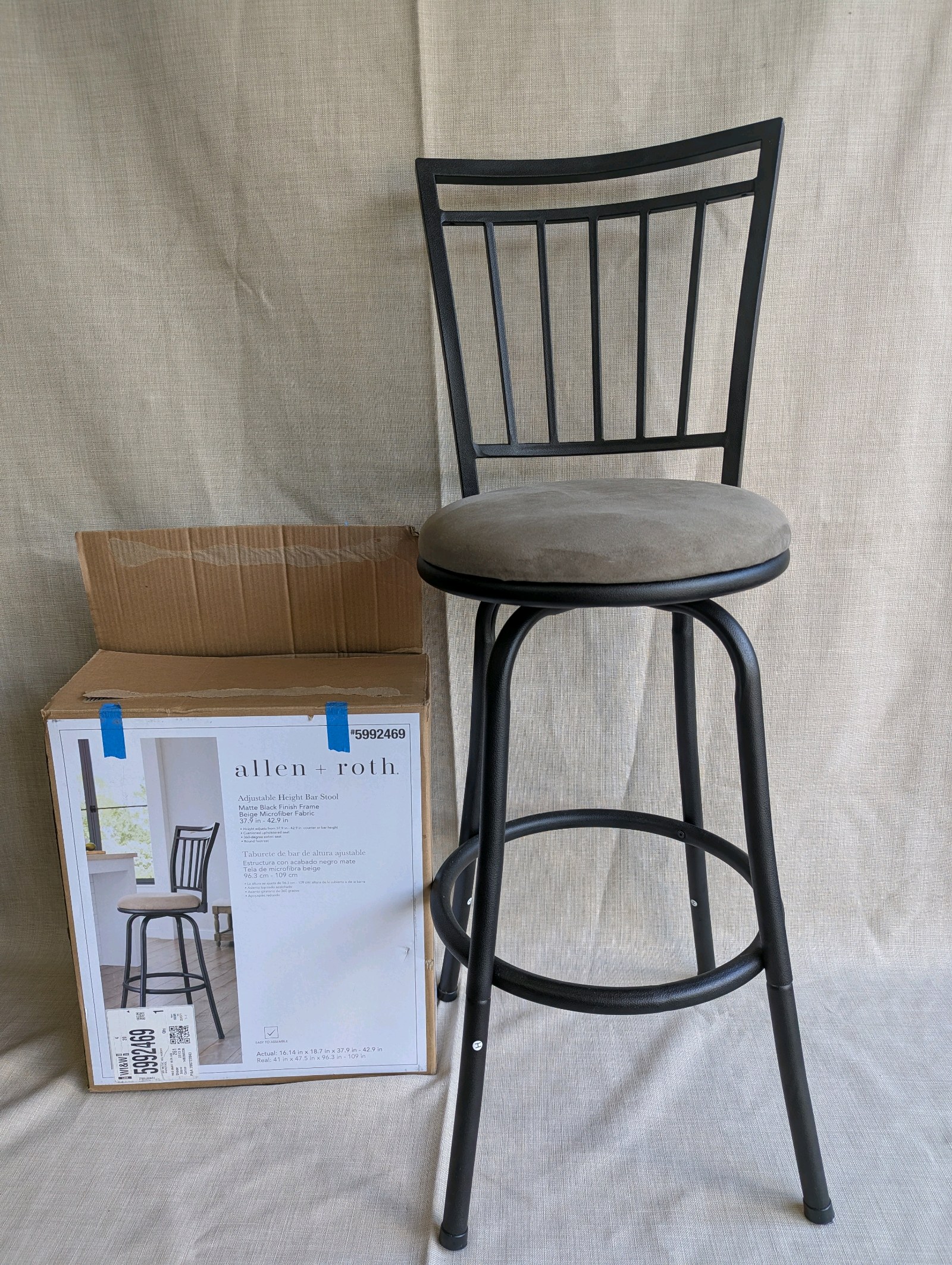 (2) NEW Allen  Roth bar stools, Black Metal and Grey Microfiber