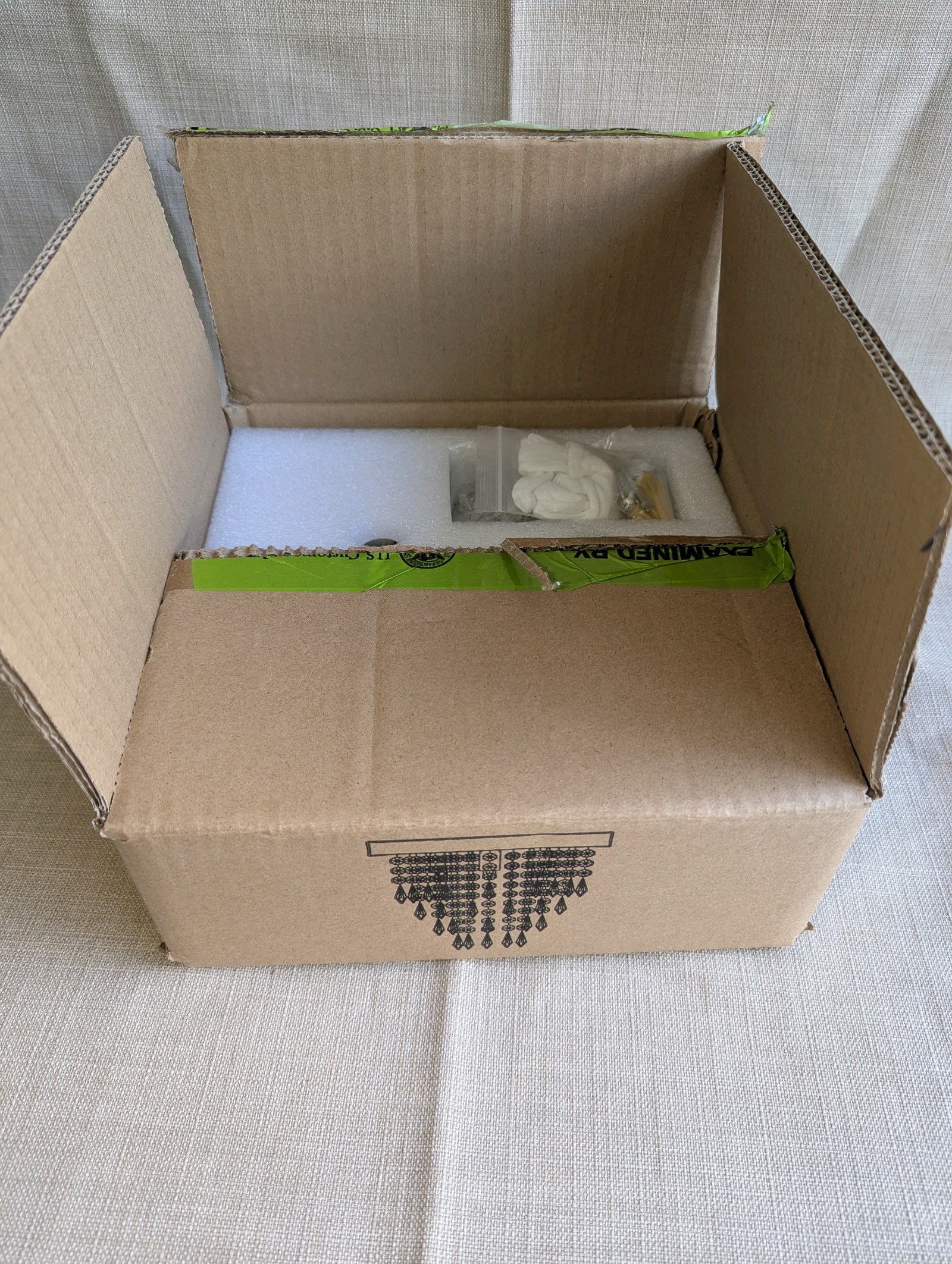 NIB, Open Box, Crystal raindrop chandelier, 9.5 Circular Metal Base