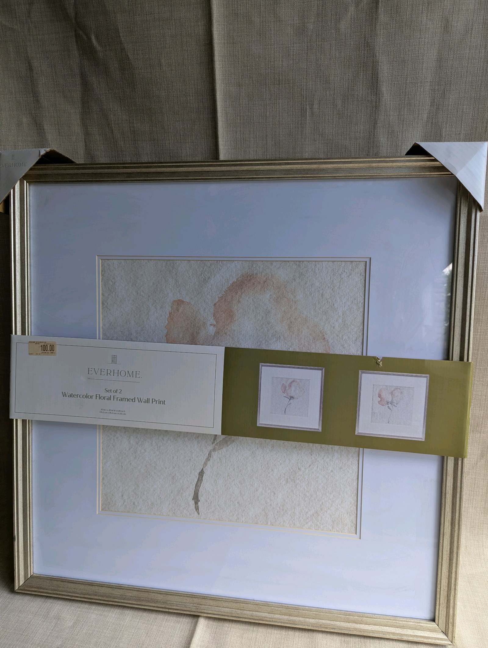 New, Everhome watercolor floral framed wall print set, a light-colored wood frame and minimalist botanical imagery