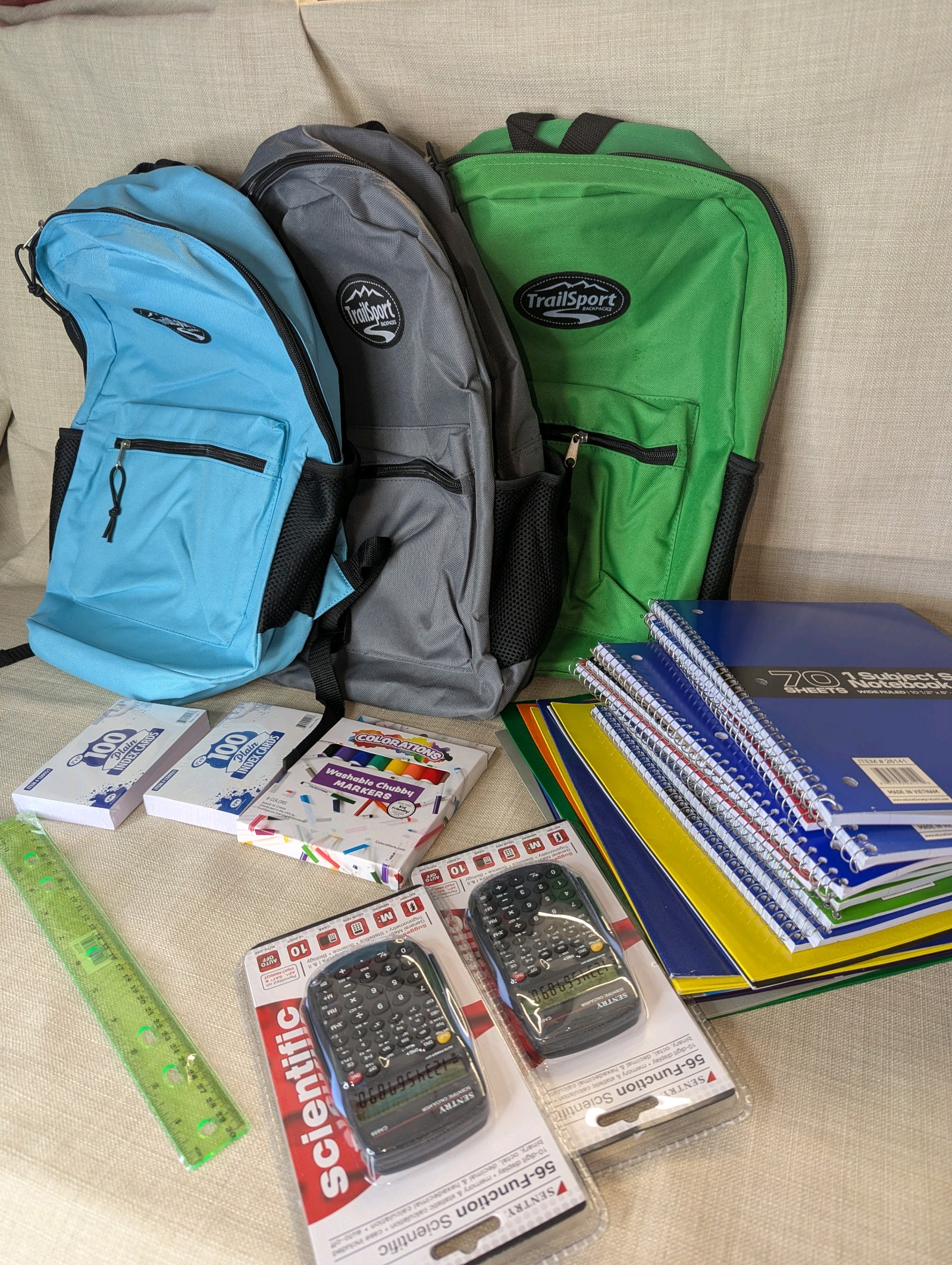 School Supply Lot  (3) Backpacks, calculator, folders, notebooks