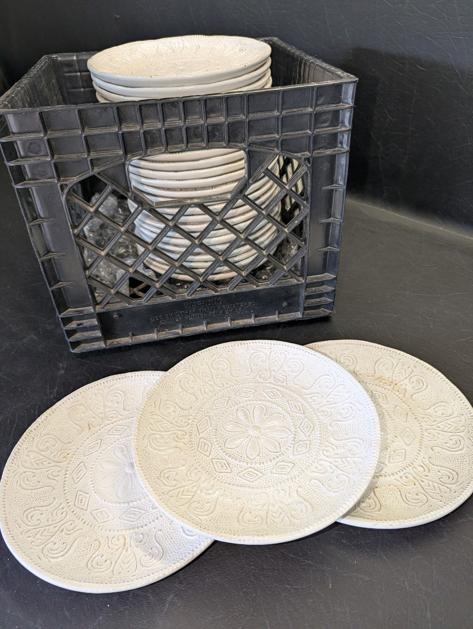 Crate of (26) Maison Versailles Blanc Colette handcrafted dinner plates