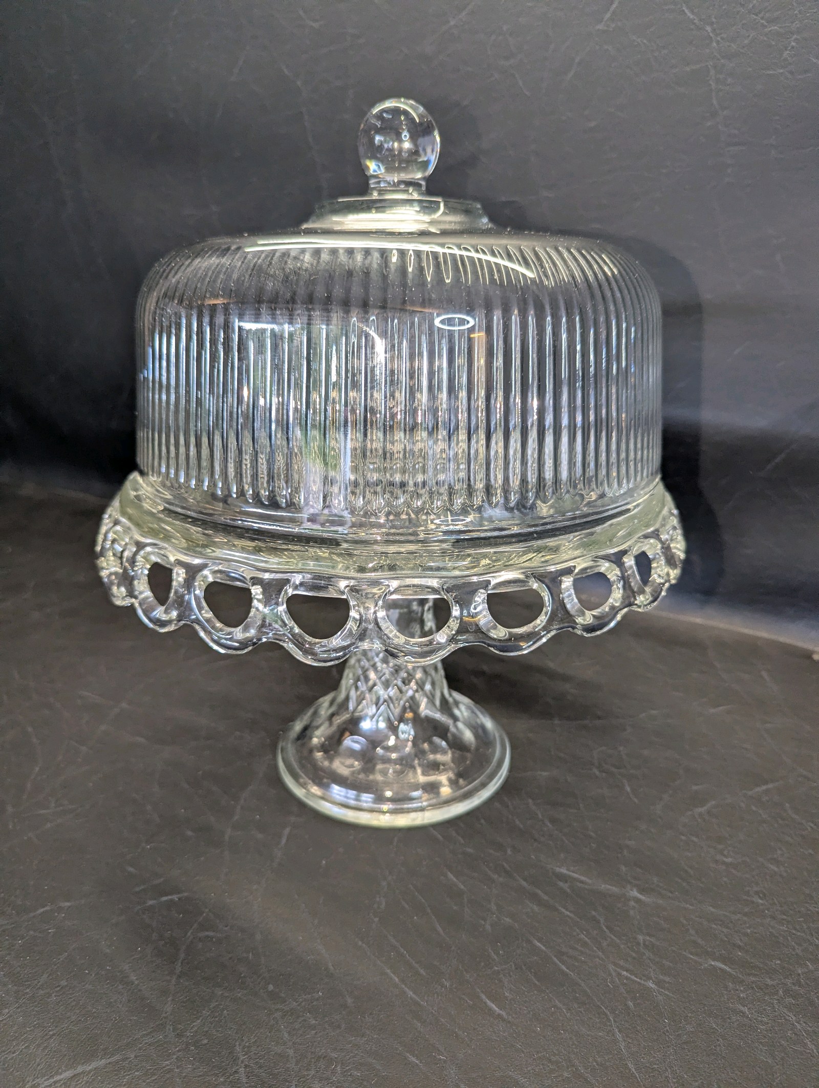 Vintage McKee Plymouth clear glass cake stand from the 1950s with lid