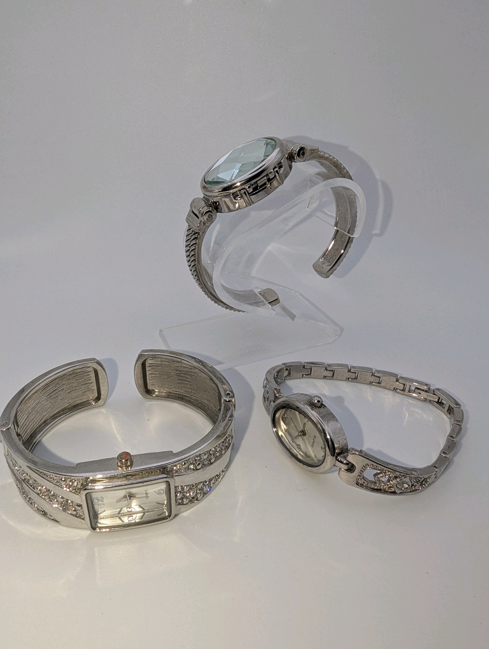 (3) Vintage silver-tone fashion crystal bangle watches  Working, new batteries