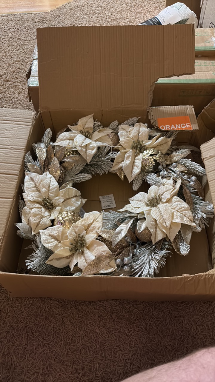 Elegant White Holiday Wreath, Glitter and White Accents, About 18 Inches Across