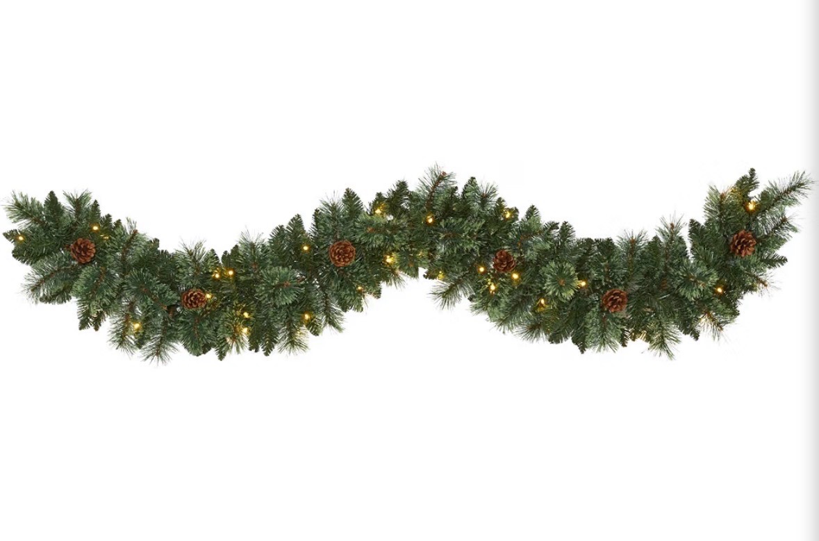 Nearly Natural 6ft White Mountain Pine Artificial Garland with 35 Warm White LED Lights and Pinecones, Includes Battery Box