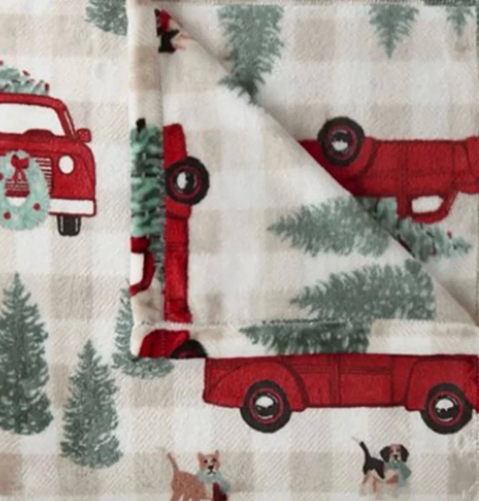 North Pole Trading Company Velvet Plush Throw Blanket, 50 x 60 Machine Washable, Christmas Holiday Tree Pickup Truck Theme