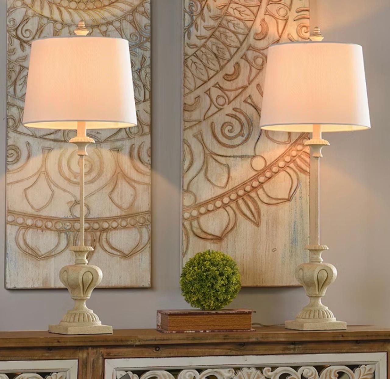Chantilly Cream Pair of Buffet Lamps (Model VP# TL43677BJ) is a classic lighting set featuring a traditional design with an antique white alabaster finish -  34.25 inches tall with a 13-inch width and depth - Retail $160