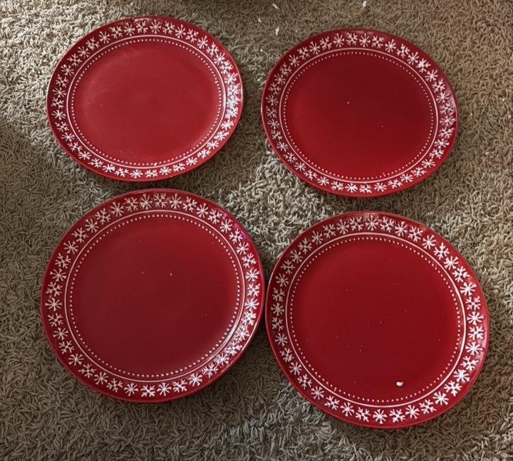 Set of Four Red Christmas Plates, Snowflakes Design, Beautiful, 11 Across Size