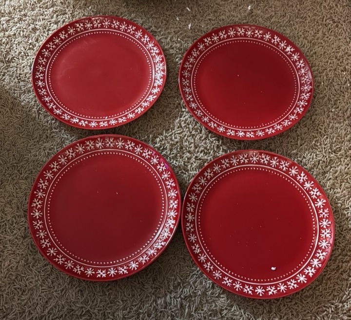 Set of Four Red Christmas Plates, Snowflakes Design, Beautiful, 11 Across Size