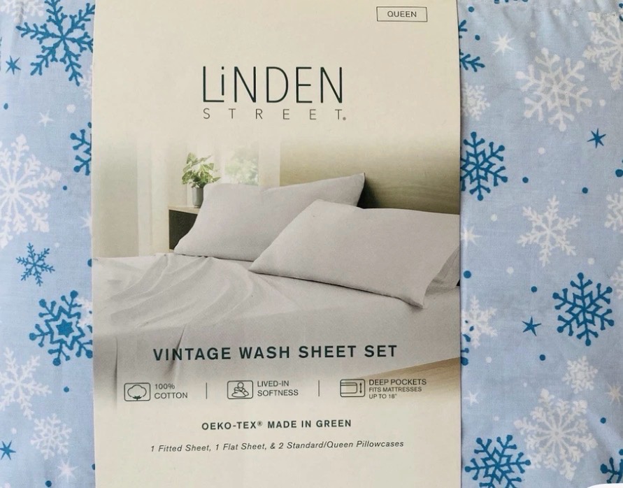 Linden Street QUEEN Size Sheet Set 100% Cotton Percale Blue Snowflake Vintage Wash NEW in Original Packaging