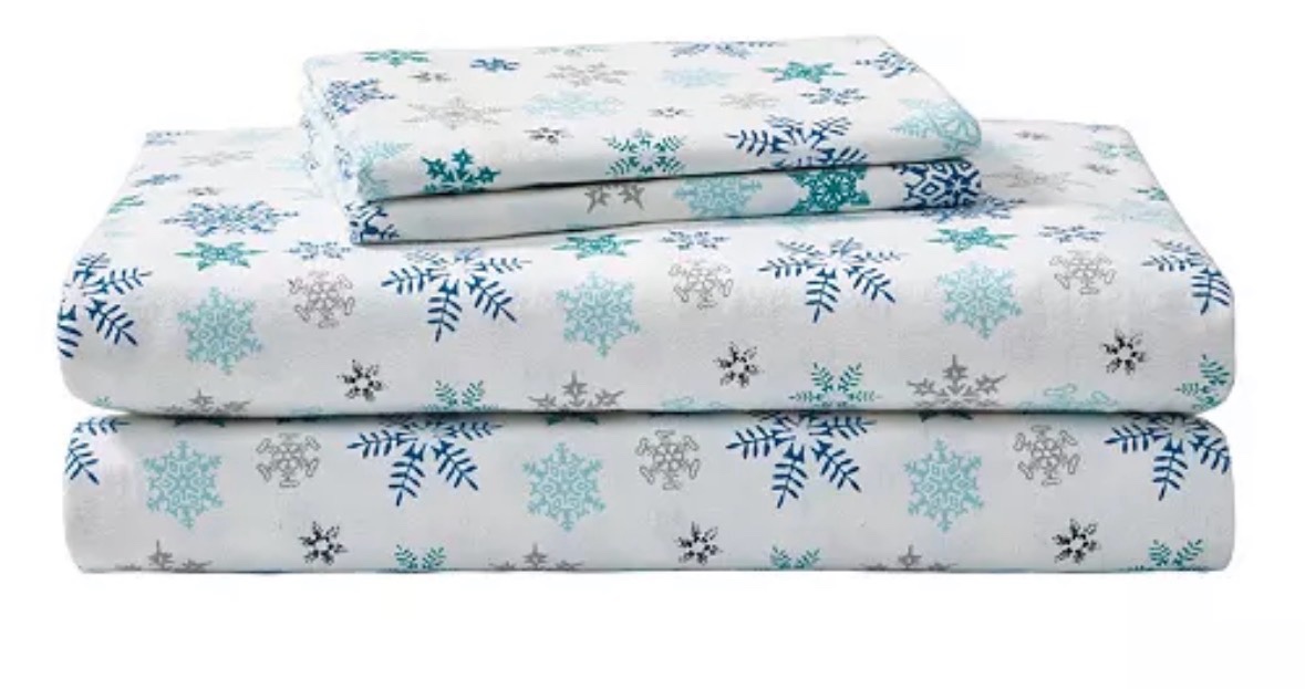 Printed Cotton Flannel 4-Pc. Sheet Set, Queen Sized Snowflake Holiday Theme