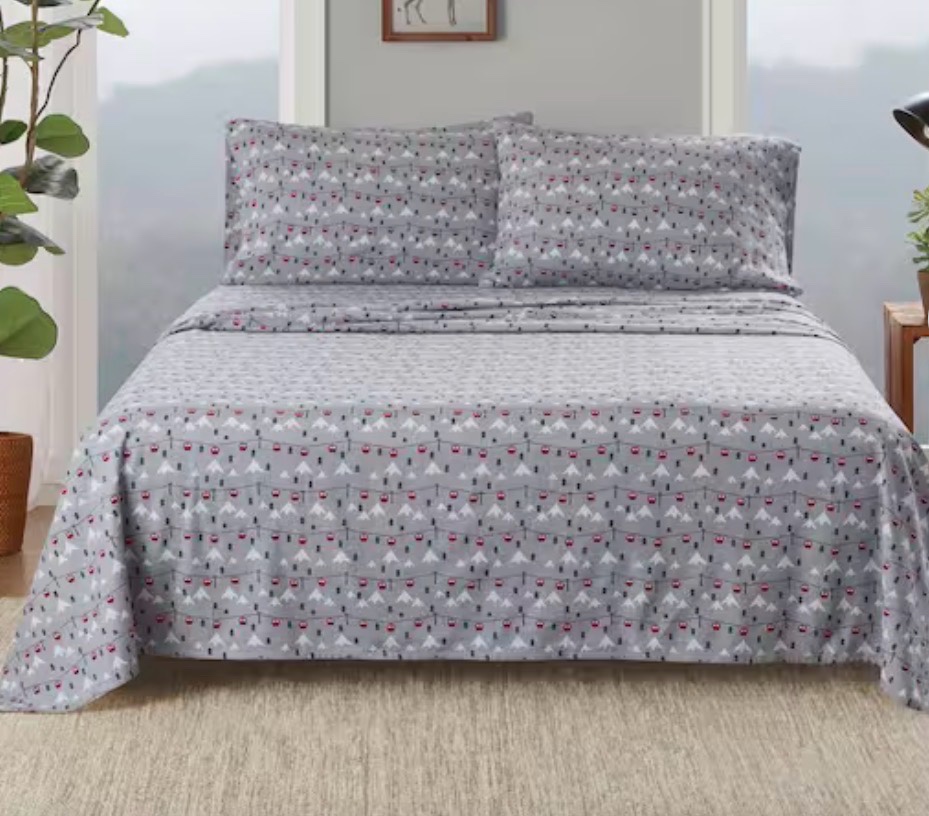 Cotton Flannel 4-Piece Grey Ski Jump Cotton Queen Sheet Set