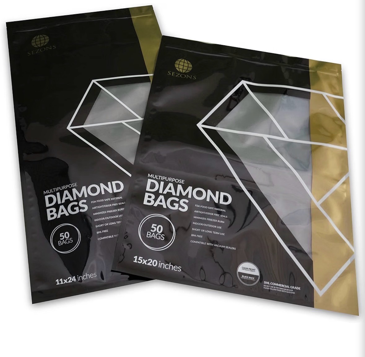 Diamond Bags - Vacuum Sealing bags 5mil - 50 bags (11x24, BlackBlack) Food Sealer Vacuum Bags