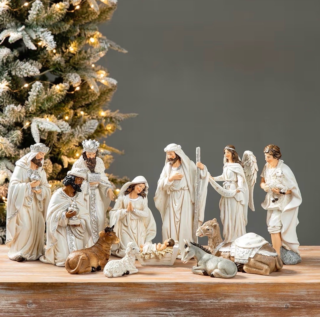 12Pcs Ivory Resin Nativity Figurines Set Christmas Nativity Sets Tabletop Scenes Ornaments Xmas Nativity Collectible Figurines Indoor Decor Miniatures Statues Figures10.00 x 26.00