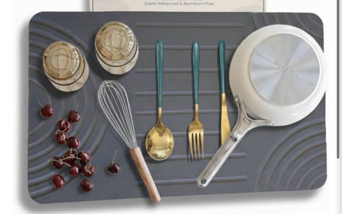 Earth Stone Dish Drying Mat - 24 x 16 Quick Dry Non-Slip Food Grade Fast Absorbent Quartz-Enhanced Rapid Water Absorbing Countertop Mat For Dish Rack Elegant Look, Retail is $60.00