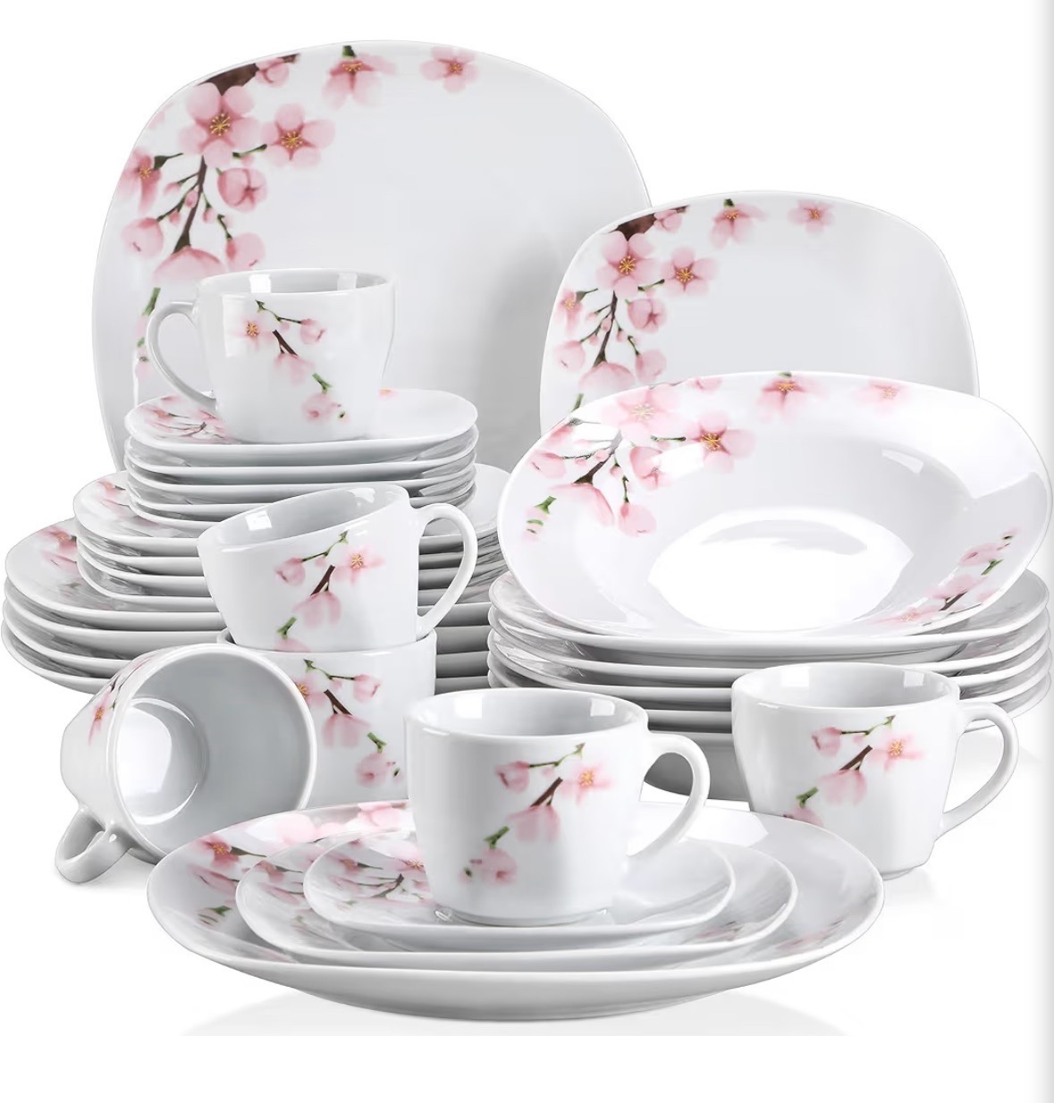 VEWEET Annie Porcelain Dinnerware for 6, 30-Piece Pink Floral Dish Set With Plates and Bowls Including Dinner, Dessert, Soup, Cups & Saucers