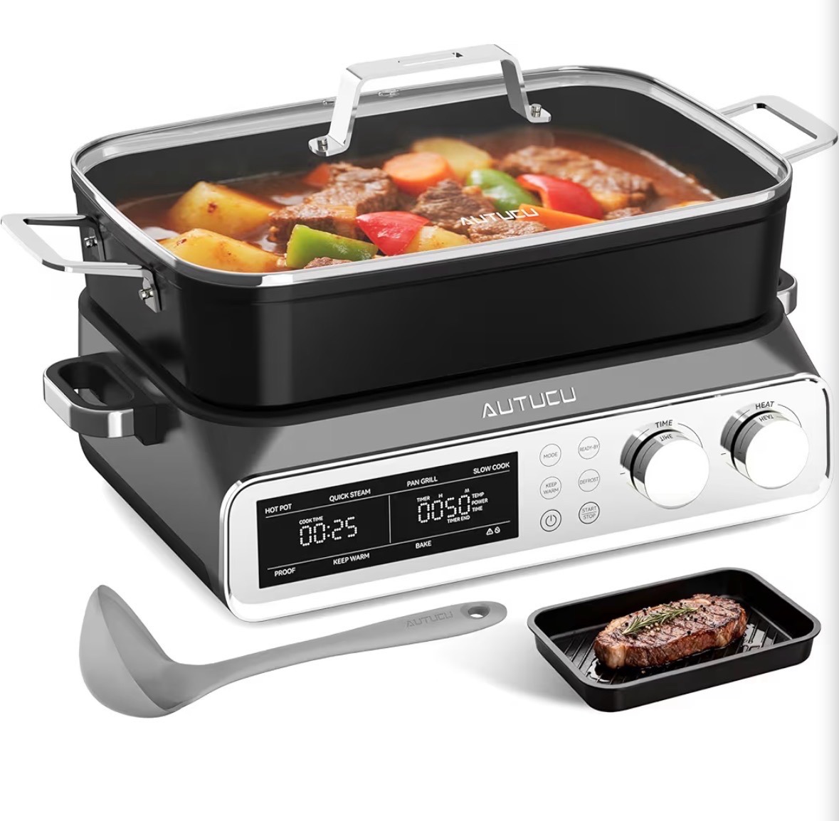 Pro Slow Cooker 10 Quart, 8-in-1 Programmable PFOA-Free Ceramic Coated Multi-Cooker with Grill Pan, Steaming Plate