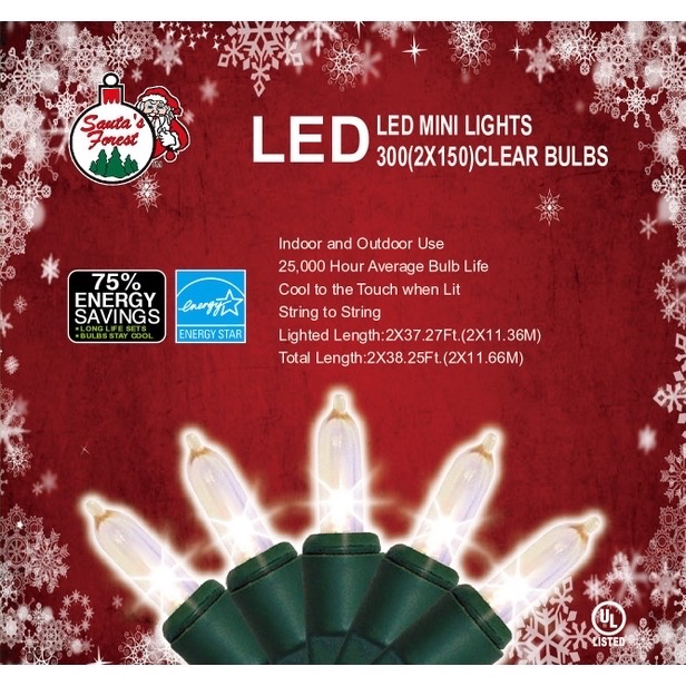 LIGHTS LED TOTE MINI 300CT CLEAR  Christmas Tree Lights  Indoor and outdoor useClear bulbsLighted length 2x37.27 total length 2x38.25  Retail $44.99