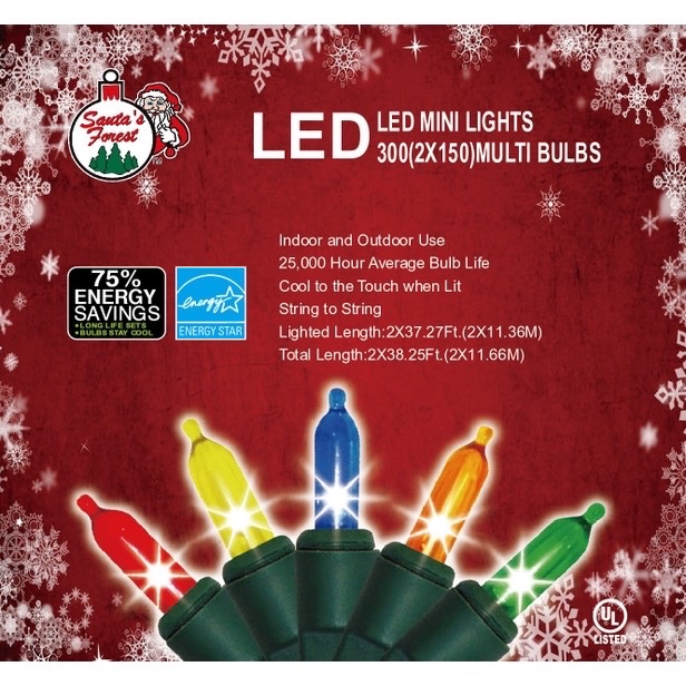 LIGHTS LED TOTE MINI 300CT MULTI-COLOR  Christmas Tree Lights  Indoor and outdoor useClear bulbsLighted length 2x37.27 total length 2x38.25  Retail $44.99