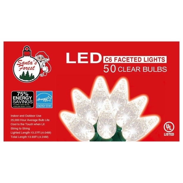 LIGHTSET LED C6 50CT CLEAR  Christmas Tree Lights  Cool to touch25,000-hour average bulb lifeLED 50-count C6 faceted lightsetConnect string to stringGreen wireLighted length 13.27 ft Indooroutdoor use  Retail $18.99