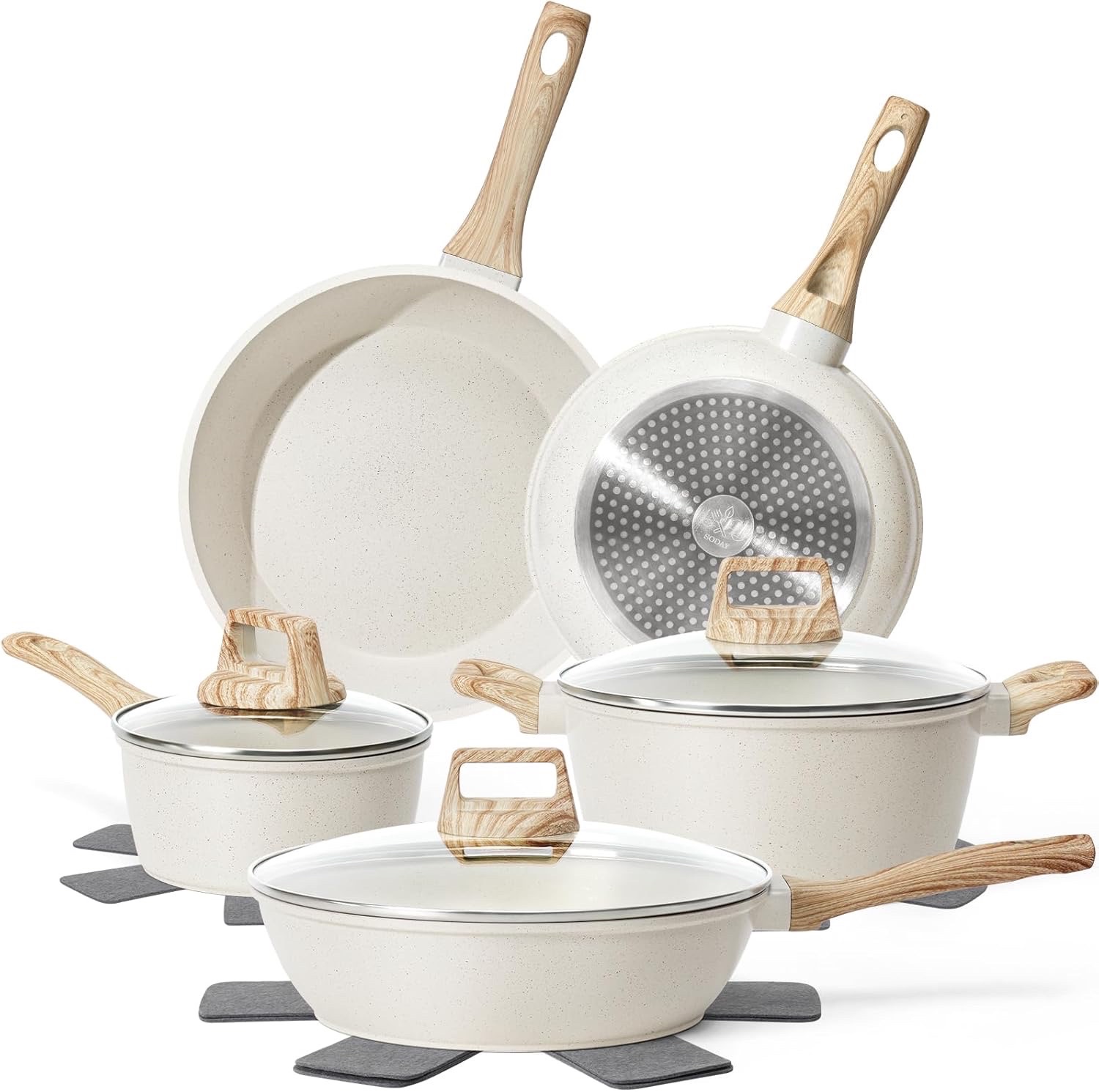 SODAY 12 Pcs Pots and Pans Set Non Stick, Cookware Sets White Granite Induction Cookware, Non-toxic Healthy Nonstick Kitchen Cooking Set with Frying Pan Set, Saucepans (PFASPFOAPFOS Free) Retail $80