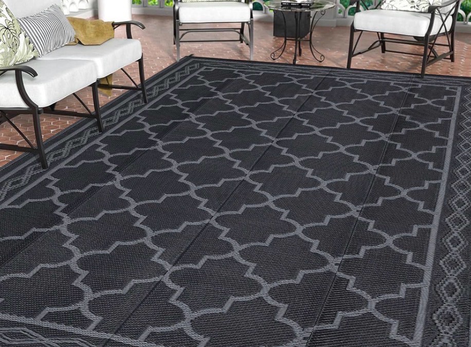 Garvee Outdoor Black Grey 10x14 Rug, Waterproof Reversible Plastic Straw Mat Modern Geometric Trellis UV-Resistant Portable Carry Bag Patio RV Camping