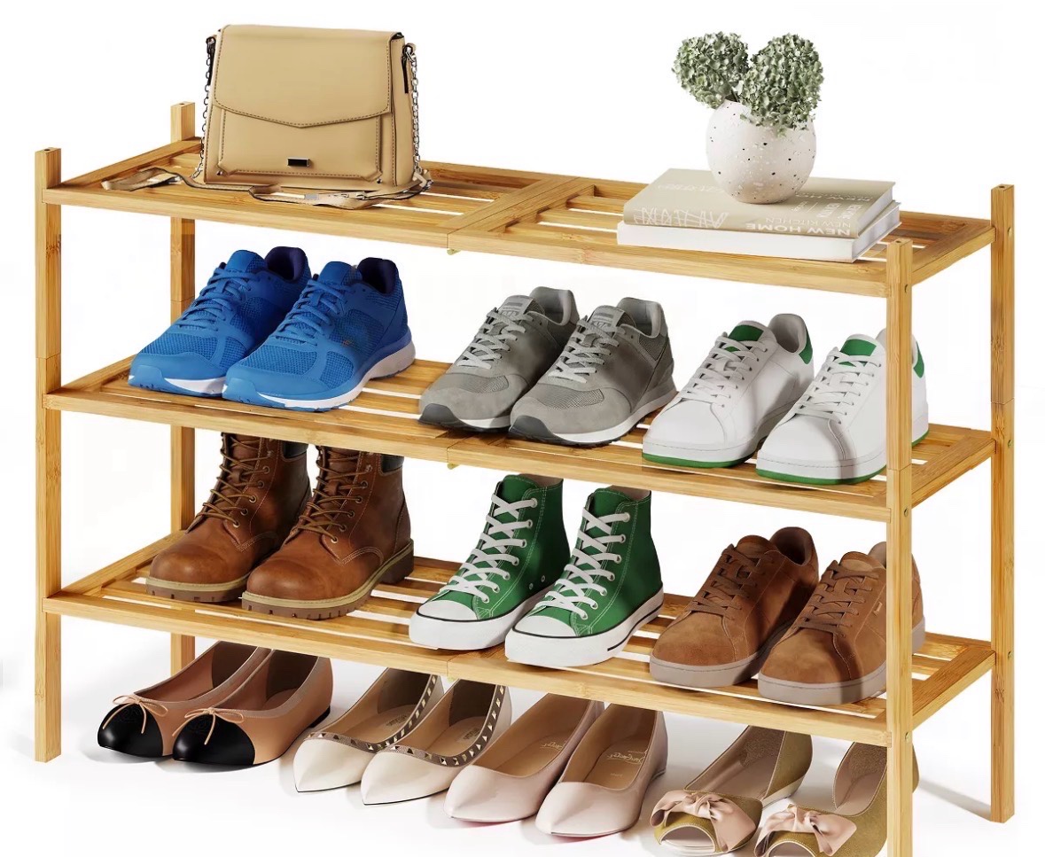 SONGMICS Bamboo Shoe Rack for Closet, Stackable Shoe Oragnizer, Space-Saving Freestanding Shelf, 3-Tier, Holds 12-16 Pairs, Natural