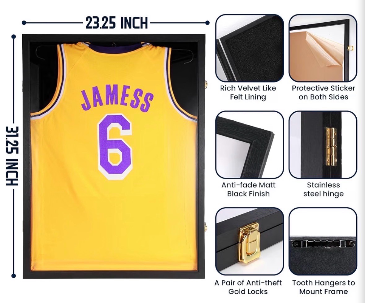 Jersey Wooden Frame Display Case -Shadow Box with 98% UV Protection Acrylic and Hanger for Baseball Basketball Football Hockey Sport Shirt and Uniform Black