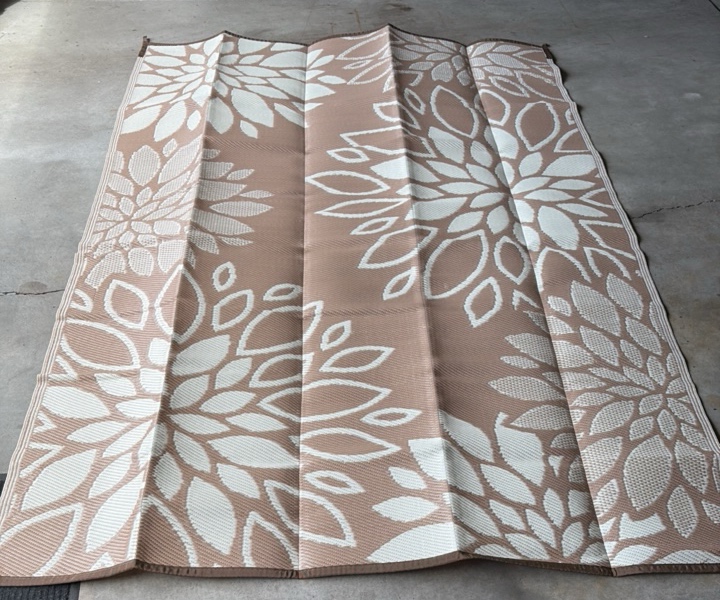 Large Outdood Rug Floral Ivory and Brown Colors 109 x 70 Comes With Metal Stakes and Tie-Downs To Secure the Rug to the Grass as an Option, Can Also be Used on Decks, Porches, Patios or 3-Season Porches