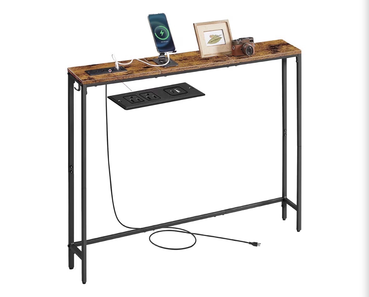 Console Table with Power Outlet, Slim Behind Couch Sofa Table, 5.9 x 39.4 x 31.5 Inches, 1 Hook, Easy Assembly, for Entryway, Living Room, Rustic Brown and Ink Black ULNT079K01